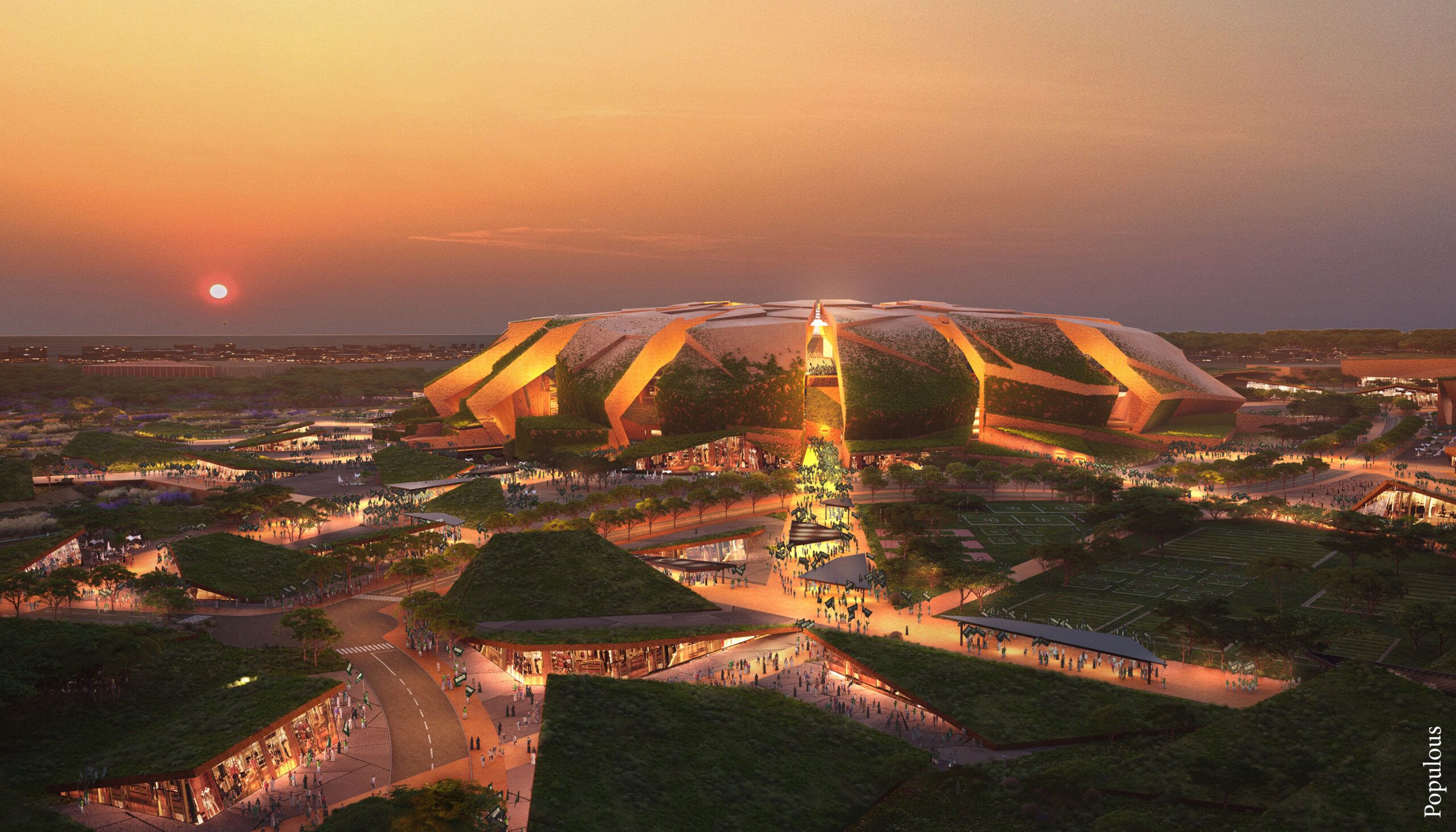 stadium set in landscaped area with covered areas with green roofs