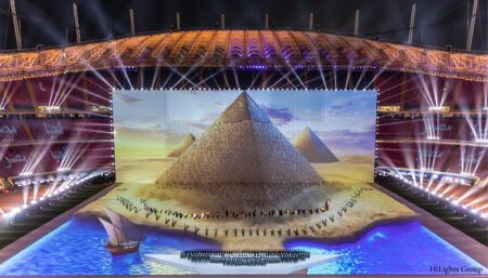 3D projection mapping show at stadium, featuring pyramid imagery