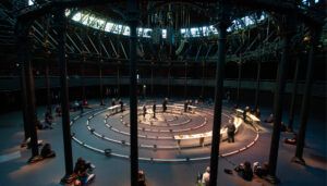 Large circular performance space with singing bowls arranged in spiral pattern, audience seated around perimeter watching performers