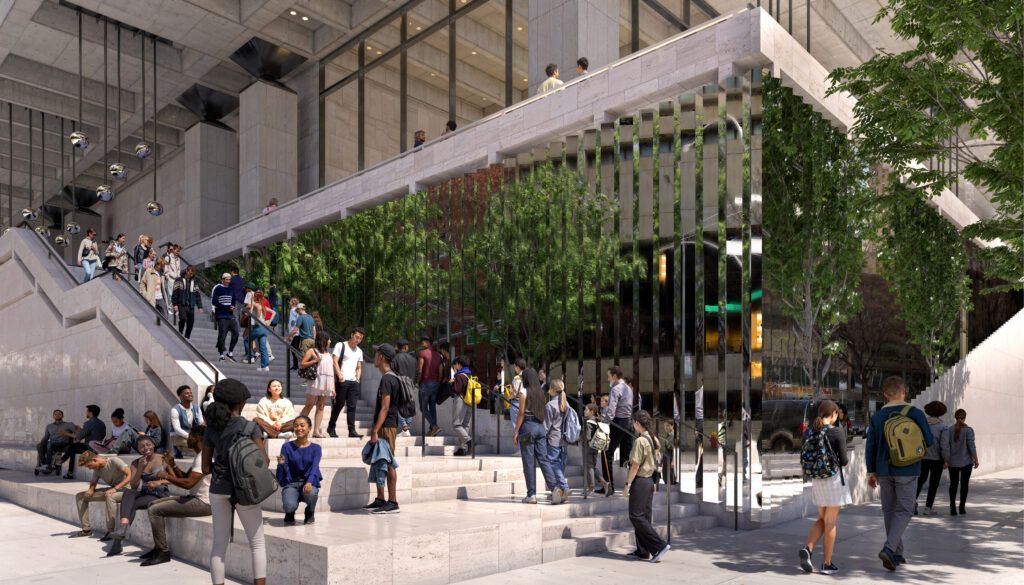 Modern urban plaza with grand stone staircase, mirror panels, and integrated greenery. People gather on steps, creating a vibrant public space surrounded by contemporary architecture.