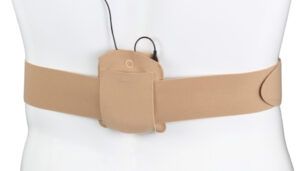 Beige microphone belt pack worn around waist