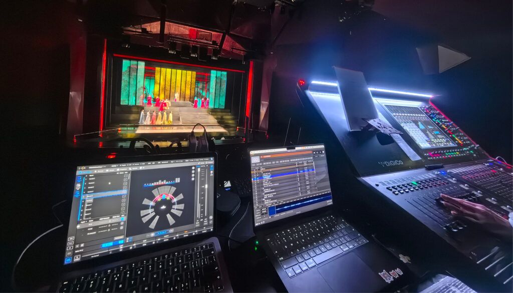 Theatre control booth with multiple screens and console