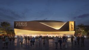 Rendering of the Cardiff Arena, south side, at night