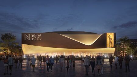 Rendering of the Cardiff Arena, south side, at night