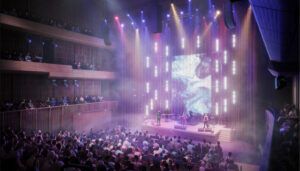 Rendering of band playing on stage in modern concert hall