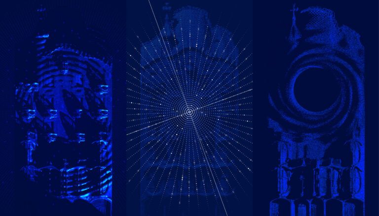 Blue artwork mapped onto exterior façade of Casa Batlló