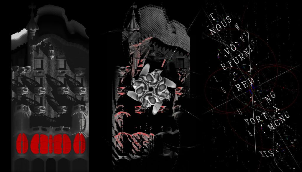 Black, grey and red artwork with human forms, lines and letters mapped onto exterior façade of Casa Batlló