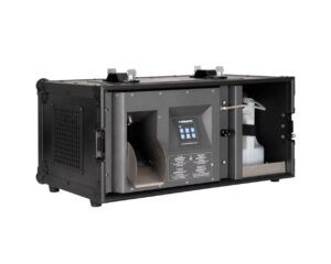 Side view of the Elation Magma Prime Tour fazer showing a black enclosure with touch control panel, fluid tank, ventilation grille and top-mounted handles.