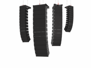 Four Martin Audio Wavefront Precision line array speaker modules suspended by rigging chains against a black background.