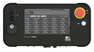 Front view of the Spikemark Vantis handheld controller, showing touchscreen display, joystick, enable button and red emergency stop button, on a black housing with Creative Conners branding