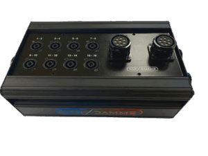 Top-down view of the Van Damme VDC-32 Breakout Box on a white background, showing various connection points, and the Van Damme logo on the front panel.