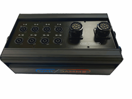 Top-down view of the Van Damme VDC-32 Breakout Box on a white background, showing various connection points, and the Van Damme logo on the front panel.