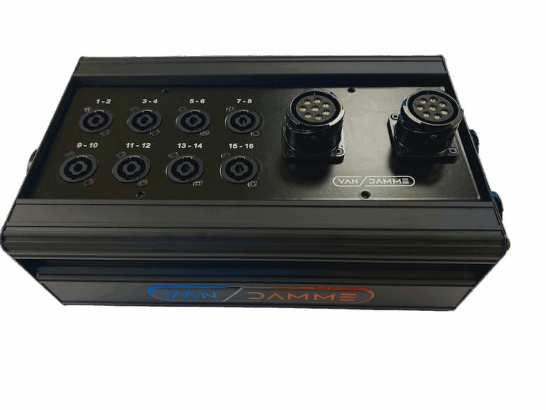 Top-down view of the Van Damme VDC-32 Breakout Box on a white background, showing various connection points, and the Van Damme logo on the front panel.