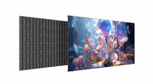 The Absen SA1.5 display showing a rendered image of colourful flowers, alongside another view illustrating the cabinet construction.