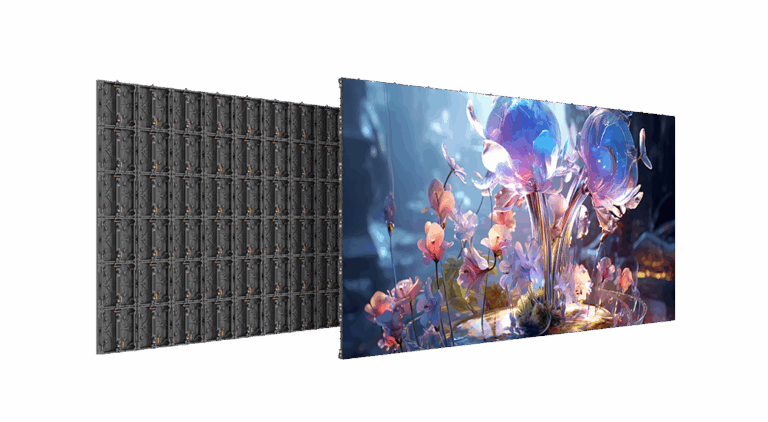 The Absen SA1.5 display showing a rendered image of colourful flowers, alongside another view illustrating the cabinet construction.