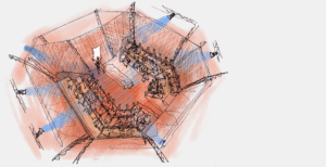Coloured concept illustration viewed from above showing a hexagonal sauna venue with tiered audience seating on multiple sides and a performer at the centre, rendered in warm orange and cool blue tones.