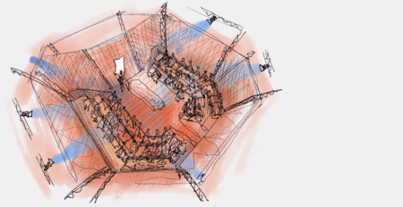 Sauna Theatre to debut at Edinburgh Fringe Coloured concept illustration viewed from above showing a hexagonal sauna venue with tiered audience seating on multiple sides and a performer at the centre, rendered in warm orange and cool blue tones.