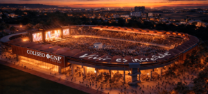 Aerial render of the Coliseo GNP Seguros at dusk, showing a packed open-air stadium with a curved lightweight roof, large stage screens to the left, and the illuminated Coliseo GNP Seguros branding on the facade, with the city of Guadalajara visible in the background.
