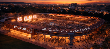 Coliseo GNP Seguros to reopen in Guadalajara following renovation Aerial render of the Coliseo GNP Seguros at dusk, showing a packed open-air stadium with a curved lightweight roof, large stage screens to the left, and the illuminated Coliseo GNP Seguros branding on the facade, with the city of Guadalajara visible in the background.