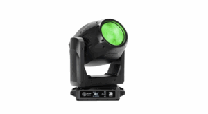 Elation Rebel Dartz moving head fixture shown with the head angled upwards, front lens illuminated bright green, mounted on a black yoke and base displaying the control screen and Rebel branding