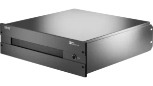 Front three-quarter view of the d&b audiotechnik DS110 Soundscape processor, a black 2U rack-mount unit with a ventilation grille and power button on the front panel