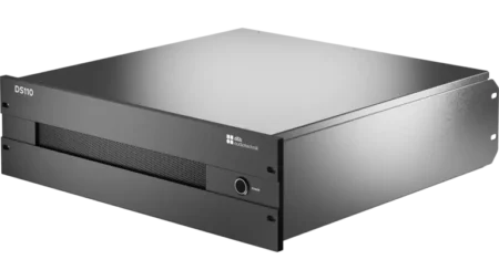 Front three-quarter view of the d&b audiotechnik DS110 Soundscape processor, a black 2U rack-mount unit with a ventilation grille and power button on the front panel