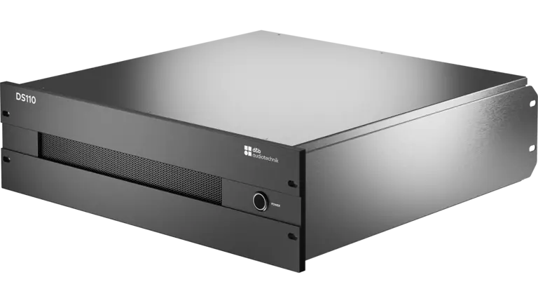 d&b audiotechnik presents DS110 Soundscape processing engine Front three-quarter view of the d&b audiotechnik DS110 Soundscape processor, a black 2U rack-mount unit with a ventilation grille and power button on the front panel