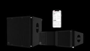 Black subwoofer and dual line array speaker alongside a smartphone displaying the Online Array Assistant interface, against a plain background.