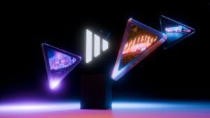 A stylised 3D render of three triangular frames displaying live event imagery, floating around a central plinth bearing the Disguise logo against a dark background with purple and blue lighting.