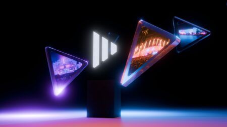 Disguise to debut latest developments for immersive visuals at InfoComm A stylised 3D render of three triangular frames displaying live event imagery, floating around a central plinth bearing the Disguise logo against a dark background with purple and blue lighting.