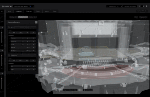 Screenshot of the ART::Director downmix positioning interface showing 5.1 and headphones speaker configurations over a 3D auditorium model