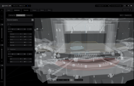 Amadeus Acoustics introduces Downmix Engine feature Screenshot of the ART::Director downmix positioning interface showing 5.1 and headphones speaker configurations over a 3D auditorium model