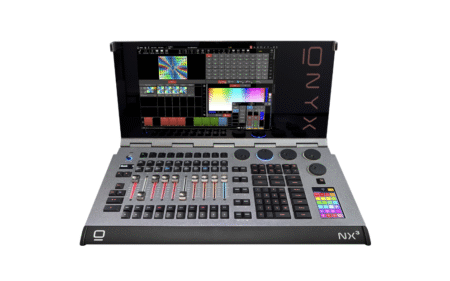Obsidian introduces NX3 lighting console Obsidian NX3 lighting console, a portable clamshell-style surface with a large touchscreen displaying the Onyx software, ten motorised faders, RGB-backlit keys, rotary encoders and a colour-selection touchpad