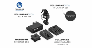 Product family composite showing the Follow-Me Delta tracking system – rack server, 4K camera set on a clamp mount, the square Operator Box, and the mouse and fader consoles, each labelled, on a white background