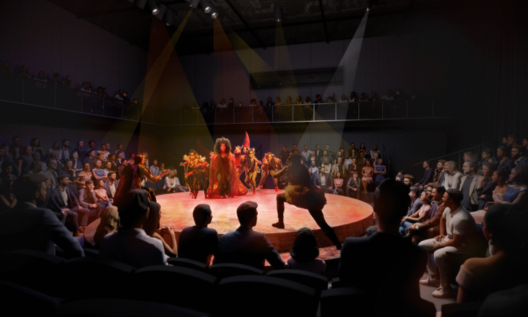 Concept rendering of a theatre-in-the-round configuration, a circular stage with costumed performers surrounded on all sides by tiered audience seating
