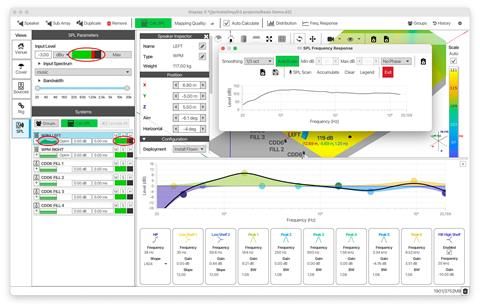 A Display 3 software window showing a speaker inspector panel for a Wavefront Precision source, a frequency response optimisation curve with a row of DSP filter bands beneath it, and a coverage map