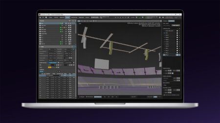 d&b audiotechnik introduces System Auralization for ArrayCalc A laptop screen showing the ArrayCalc V13 Beta interface, with a 3D plot of flown line array loudspeakers arranged above a virtual venue and audience seating.