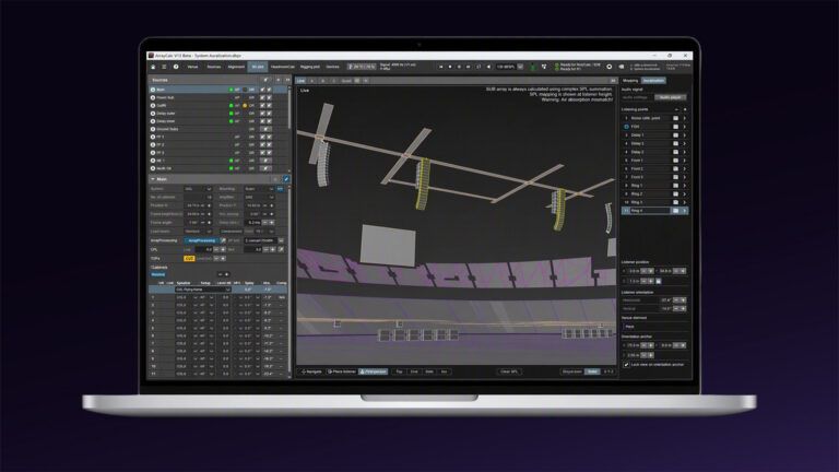 d&b audiotechnik introduces System Auralization for ArrayCalc A laptop screen showing the ArrayCalc V13 Beta interface, with a 3D plot of flown line array loudspeakers arranged above a virtual venue and audience seating.